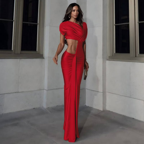 Irregular Hollow Dress Women Ruched Diagonal Collar Shorts Sleeve Waistless Slits Street Trend Temperament Long Bodycon