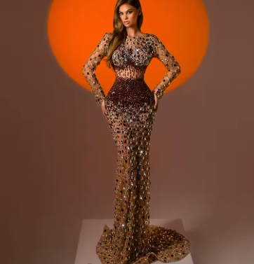 Luxury Full Crystals Celebrity Dresses Mermaid Long Sleeves Evening Dresses For Women 2026 Coutures Vestidos De Gala Customized