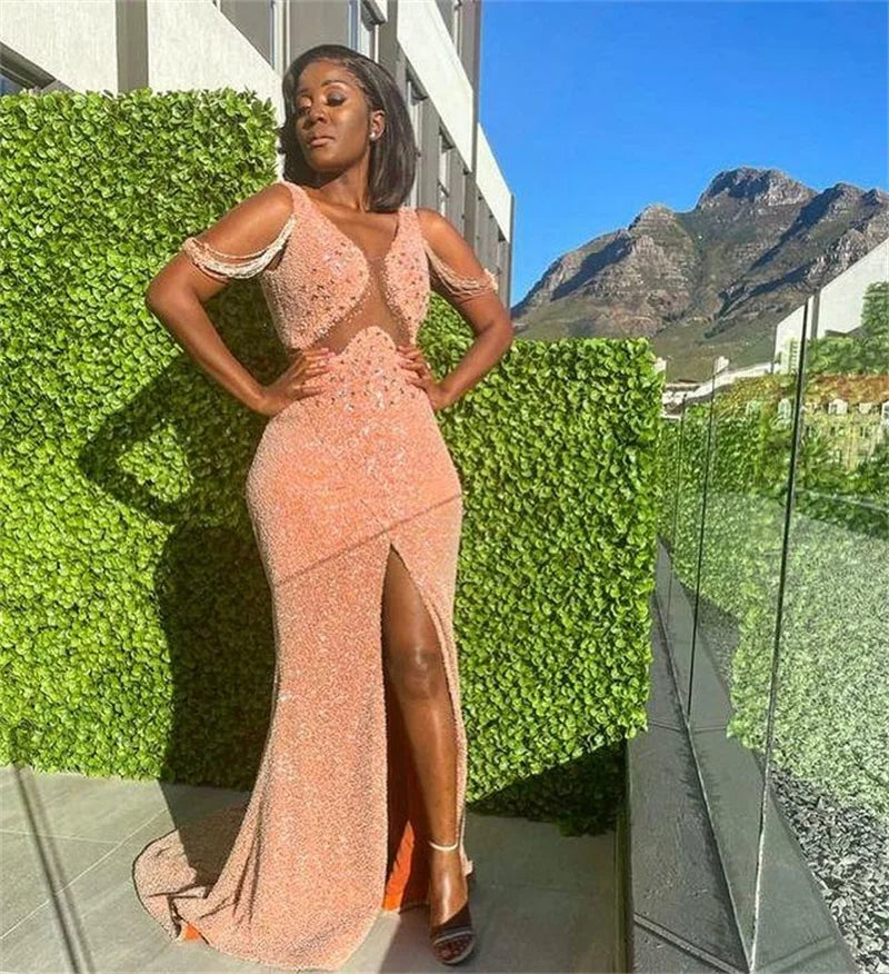 Graceful Plus Size Prom Dresses Mermaid Glitter Sequins Crystal High Split Sexy Evening Dress Formal Party Vestido Customized