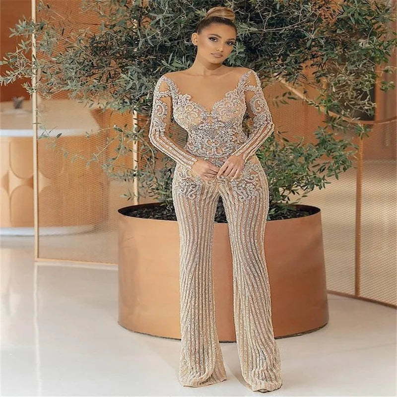 Champagne Glitter Jumpsuit Evening Dresses Luxury Crystal Sequins Long Sleeves Prom Gowns Custom Made Fashion Formal Party