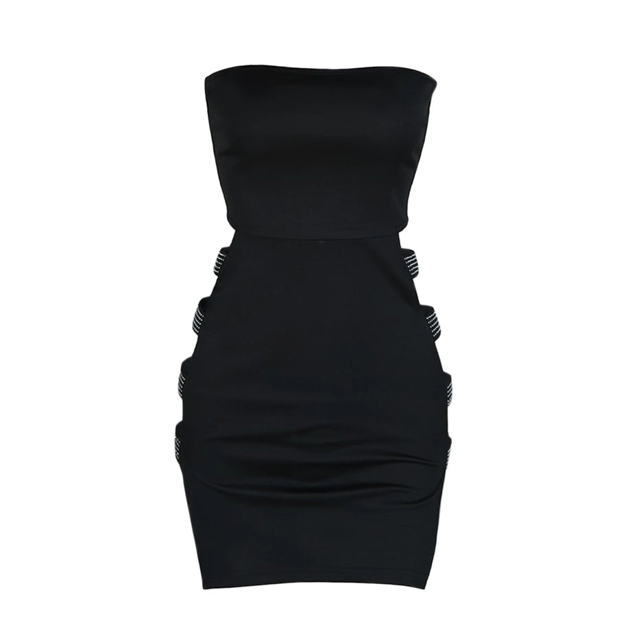 Sexy Lady Strapless Rhinestone Hollow Out Sheath Dress Women Sleeveless Solid Bodycon Mini Dress Nightclub Evening Party Dress