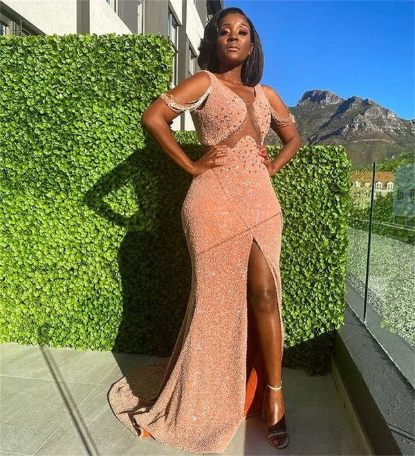 Graceful Plus Size Prom Dresses Mermaid Glitter Sequins Crystal High Split Sexy Evening Dress Formal Party Vestido Customized