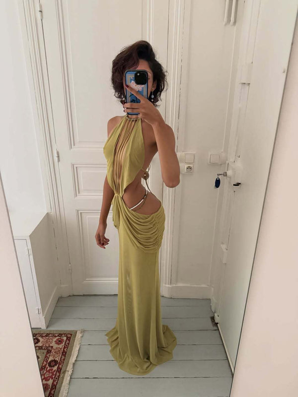 Women's Bohemian Halter Neck Beaded Waist Cutout Drawstring Ruched Slimming Beach Vacation Maxi Dress