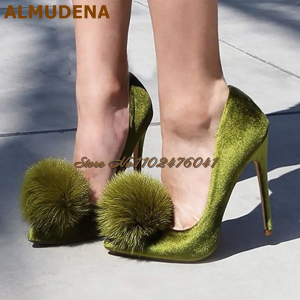 Olive Green Velvet Pom Pom High Heel Pumps Clear PVC Stiletto Heels Dress Shoes Fluffy Fur Wedding Shoes Size46