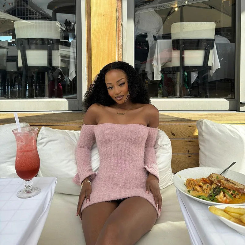 Spicy One-oulder Women's Dress  High Waist Bodycon Short Skirt Long Sleeve Polyester Fabric Pure Color Elegant Lady Dresses