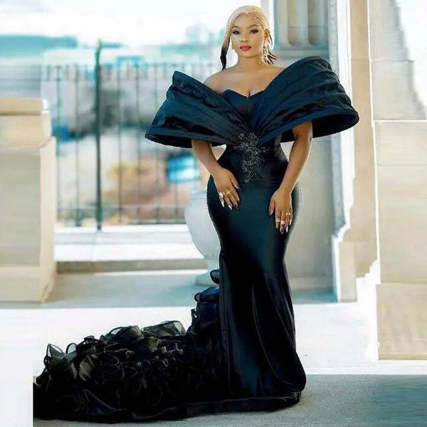 Aso Ebi Satin Ruffled Train Evening Dress African Prom Dresses For Black Women Beaded Formal Gowns Puff Shoulder Customized