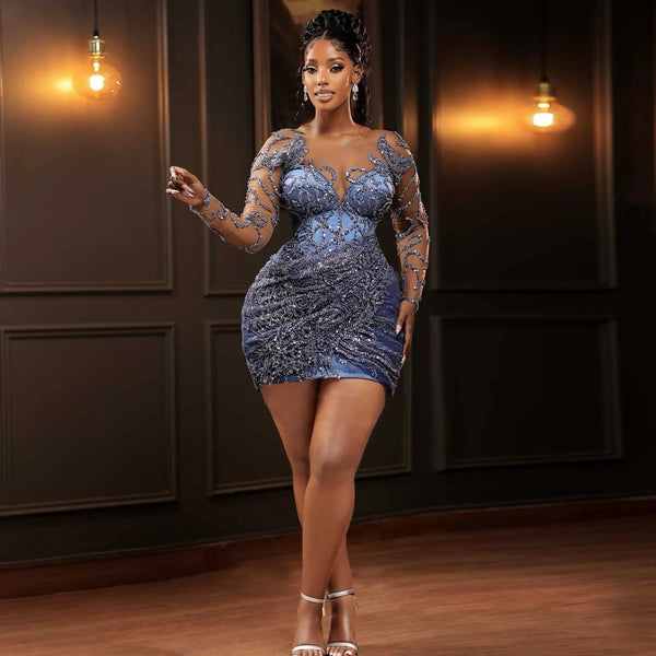 Luxury Beading Blue Short Prom Dresses Sheer Long Sleeves Black Girls Birthday Dress Aso Ebi Short Wedding Party Dress Gala Gown