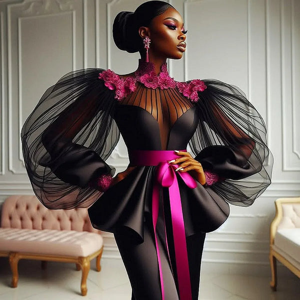 Black Mermaid Evening Dresses high Neck Handmade 3d Appliques Illusion Puffy Long Sleeves Prom Dress With Ribbon Sash Party Gown