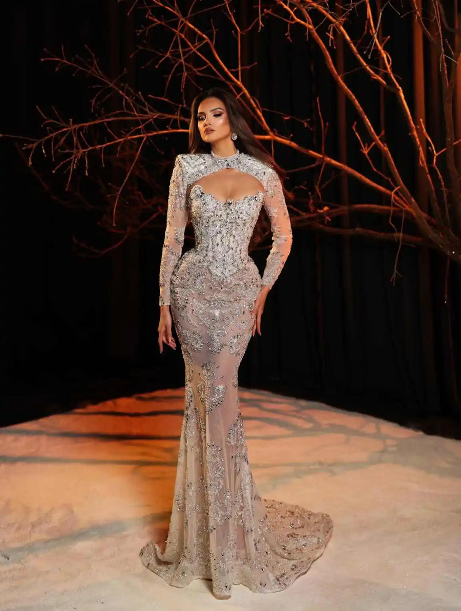 Fashion Long Sleeve Sequins Prom Dresses Elegant Beaded Crystal Lace Evening Dress Sweep Train Party Gown Customized