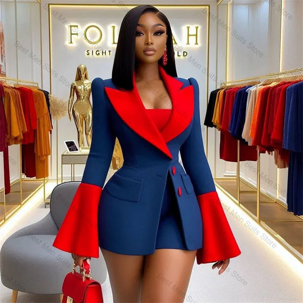 Red Blue Women Suit Set 3 Pcs Top Bra+Blazer+Short Pant Trouser Cotton Formal Office Jacket Customized Wedding Tuxedo Guest Coat
