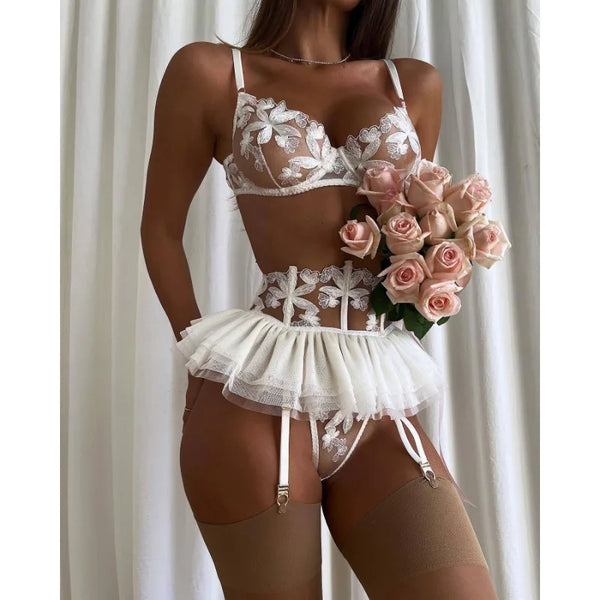 3 Piece Set Lingerie Garter Sets Lingerie For Woman Sexy Mini Skirt See-Through Embroidered Bra Erotic Underwear New