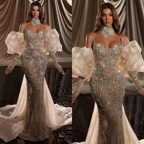 Wedding Dresses Sequins Strapless Bridal Gowns Mermaid Beading Detachable Sleeves Illusion Customized Vestidos De Novia