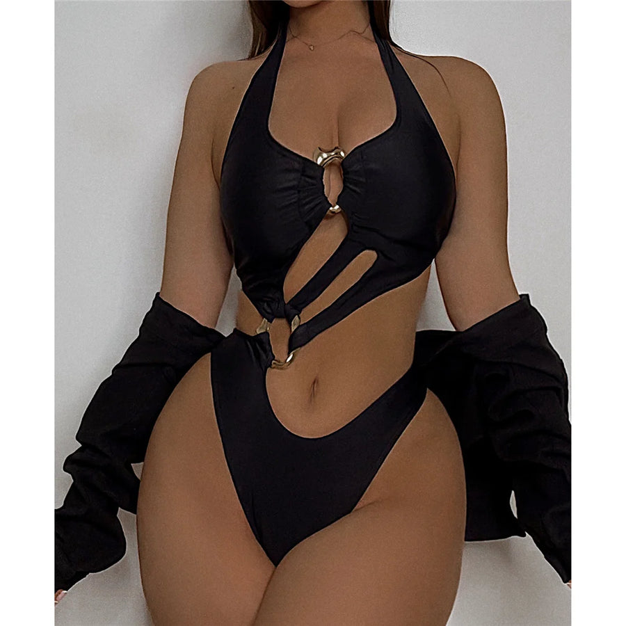 S - XL Black Asymmetric Cut Out Women Swimwear One Piece Swimsuit Female Metal Ring High Leg Cut Bathing Suit Bather V7065