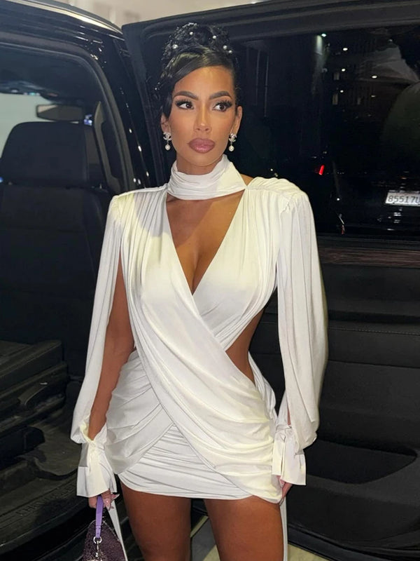Sexy Halter Dress Women Ribbon Hollow Full Sleeve Cross Ruched Backless Stretch Skinny Midnight Party Club Bodycon