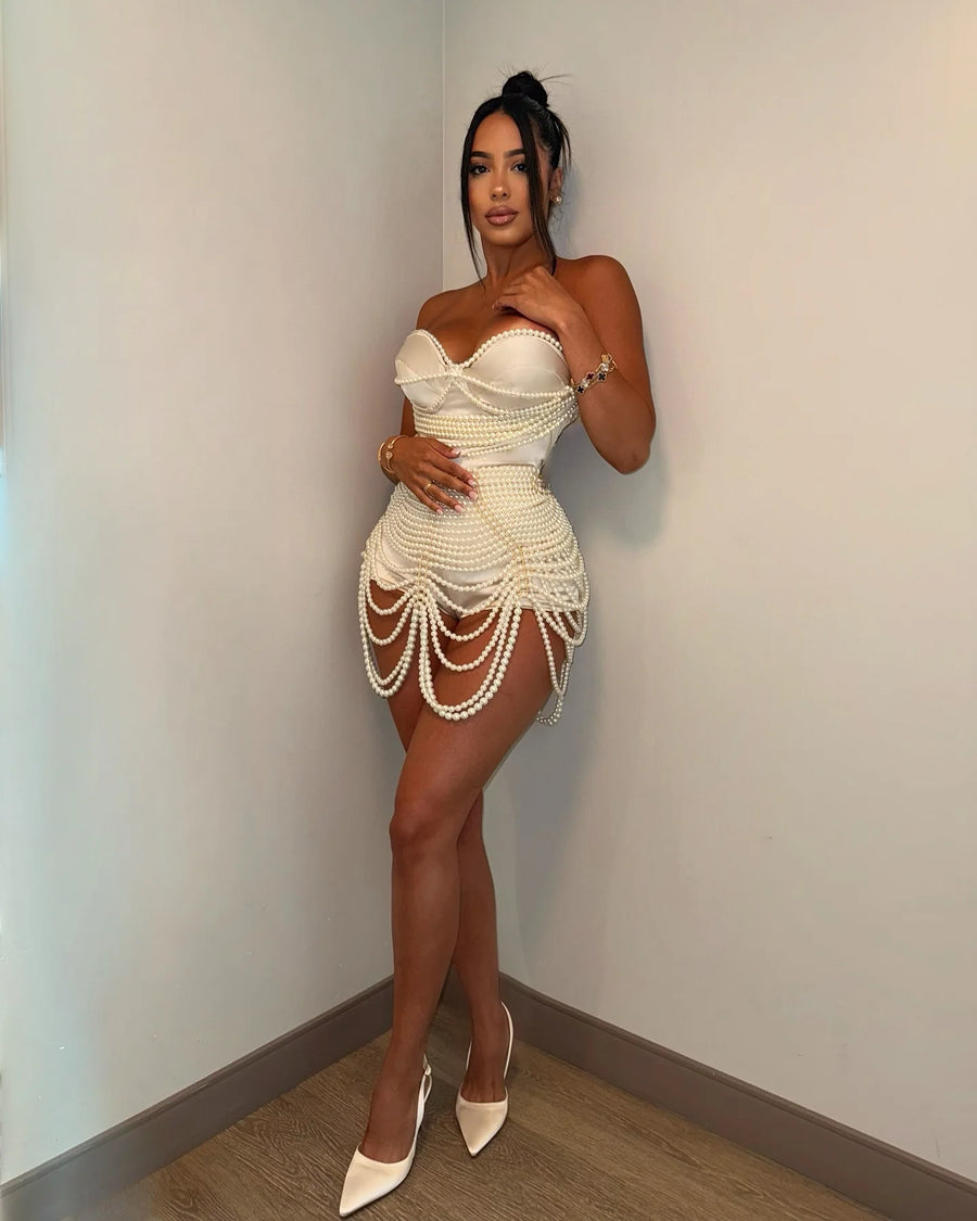 Luxury Pearls Beaded Stretchy Women Bodysuits Amazing Women Corset Lace Up Back Female Costumes For Stage Show