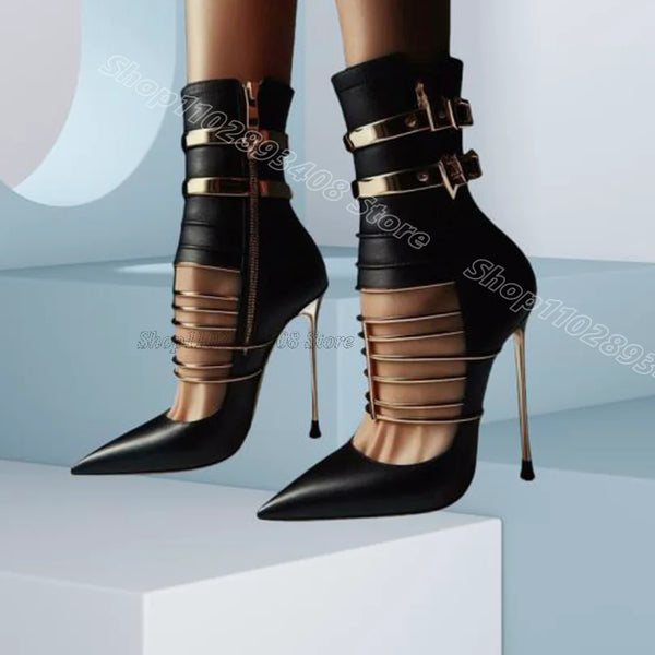 Black Matte Leather Buckle Decor Boots Pointed Toe Side Zipper Stiletto Women Party Dress Short Boots 2025 Zapatos Para Mujere