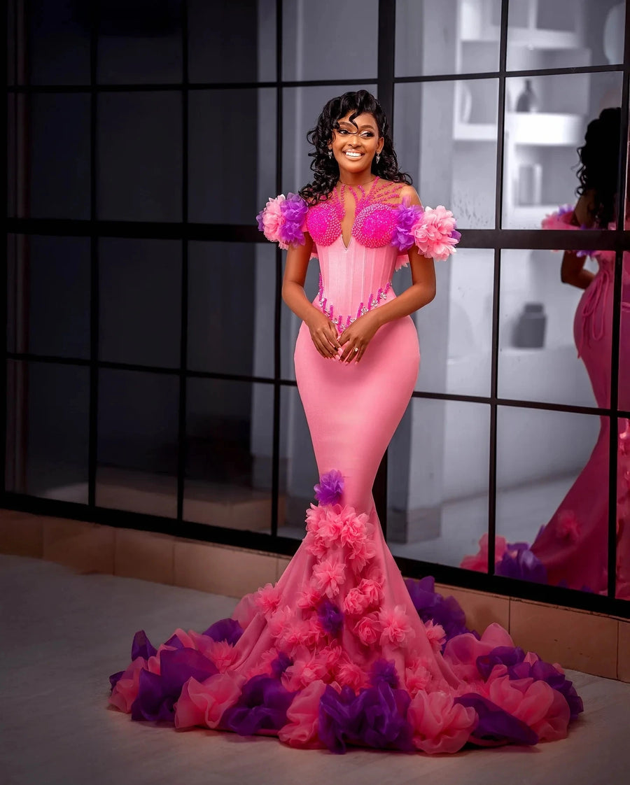 Colorful Ruffles Flower Mermaid Prom Dresses Sheer Neck Beaded Pink Evening Gowns African Sweep Train Formal Party Dress