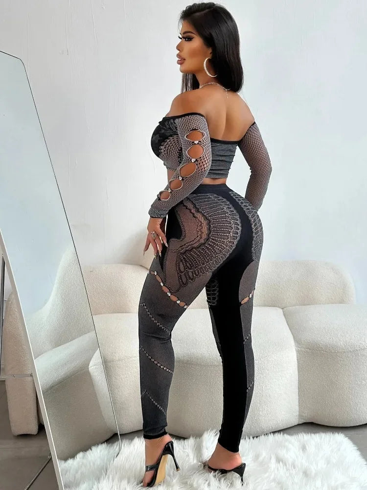 Sexy Thick Women 2Piece Set Chic Hollow Rhinestones Slash Neck Crop Tops+Patchwork Leggings Stretch Matching Clubwear