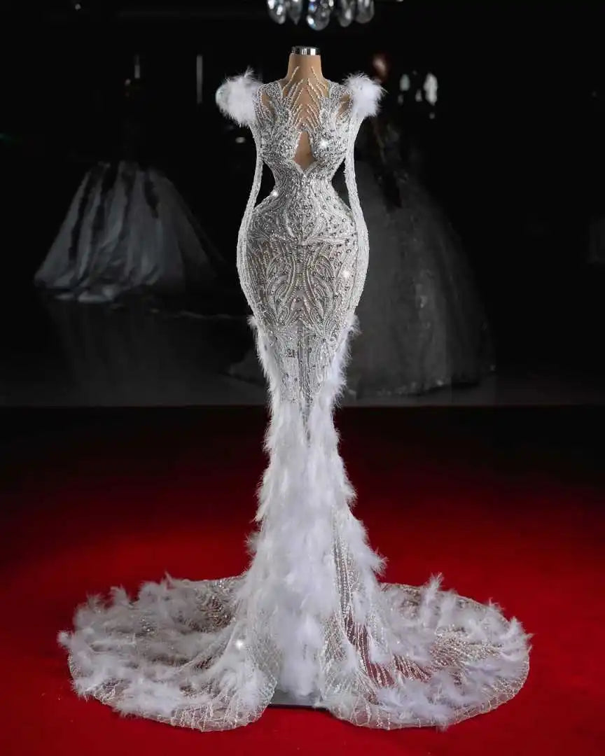 Sexy High Neck Wedding Dress Sparkly Sequined Full Sleeve Mermaid Bridal Gown Fashion Feathers Beaded Bride Dresses Customized