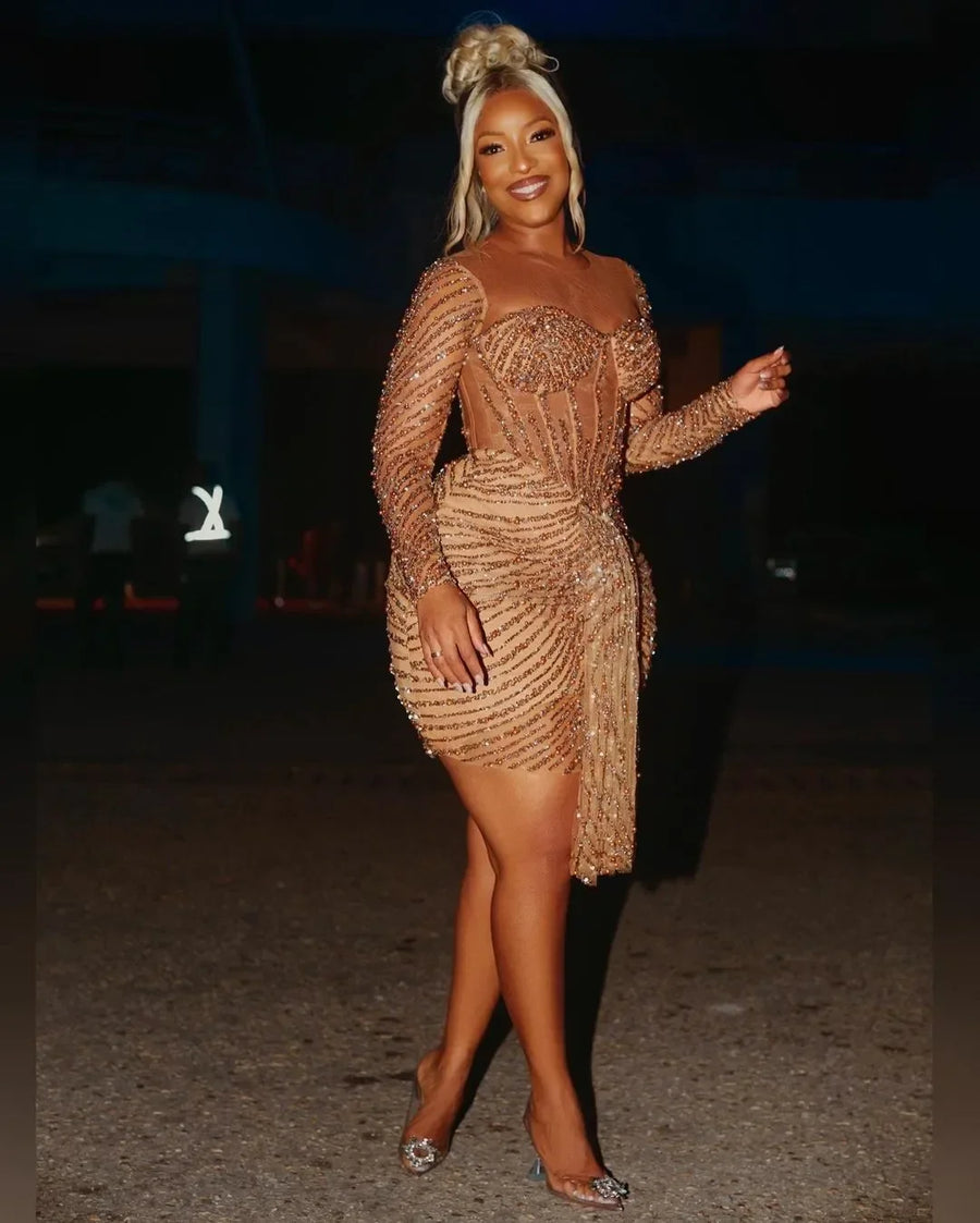 Aso Ebi Sheath Prom Dresses Sequined Beads Lace Sexy Evening Formal Party Second Reception Birthday Engagement Gowns