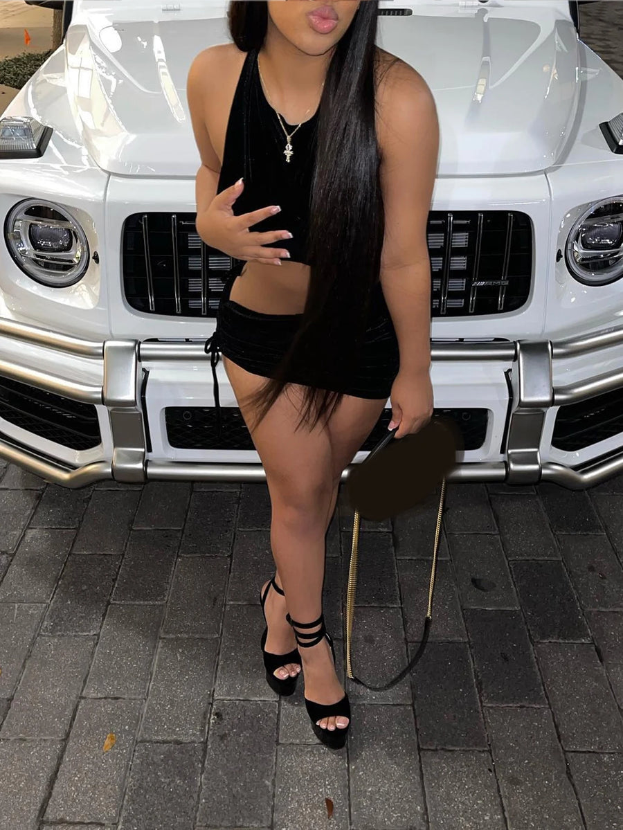 Women's suspender hollow vest and short skirt two-piece set
