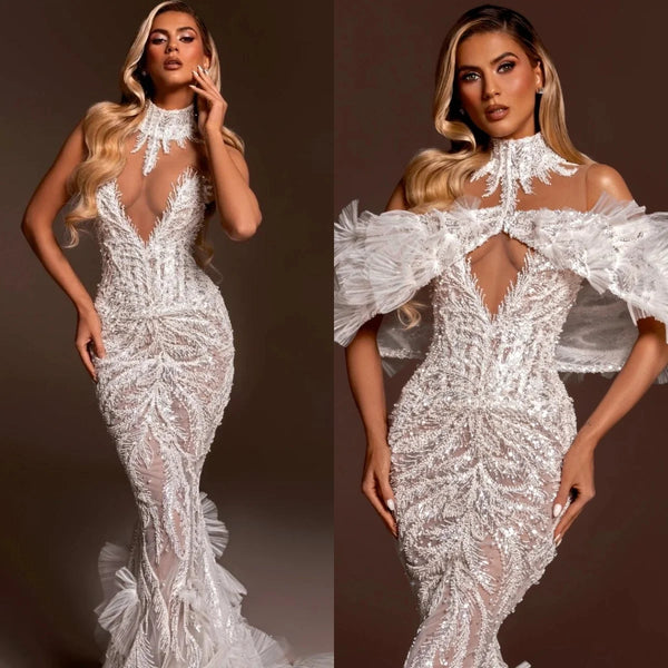 Luxury V Neck Wedding Dresses For Women Sexy Pearls Beaded Bride Dresses Customized Floor Length Bridal Gown
