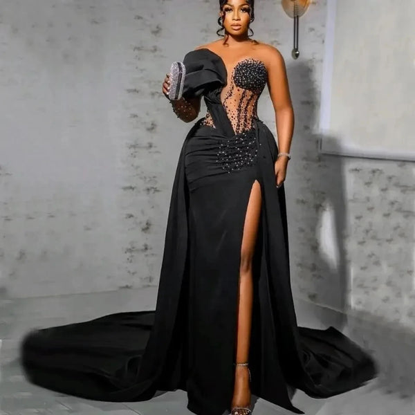 Slit Long Prom Dresses For Black Girls One-shoulder Beaded Birthday Party Dresses African Evening Gown Robe De Customized 2026