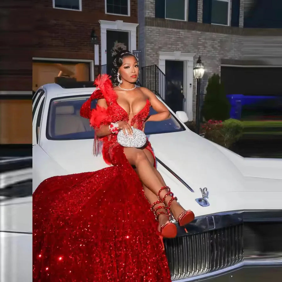 Red Aso Ebi Prom Dresses Luxury Mermaid Beaded with Feathers Sexy High Slit Birthday Dress Formal Occasion Party Evening Gowns
