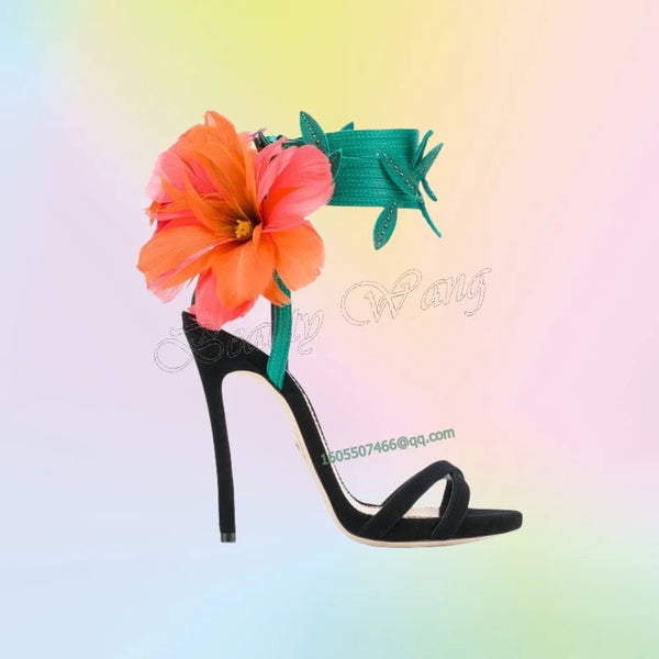 Yellow Big Flower Decor Sandals Mixed Color Heels Round Toe High Shoes Thin High Heel Shoes for Women 2025 Zapatos Para Mujere