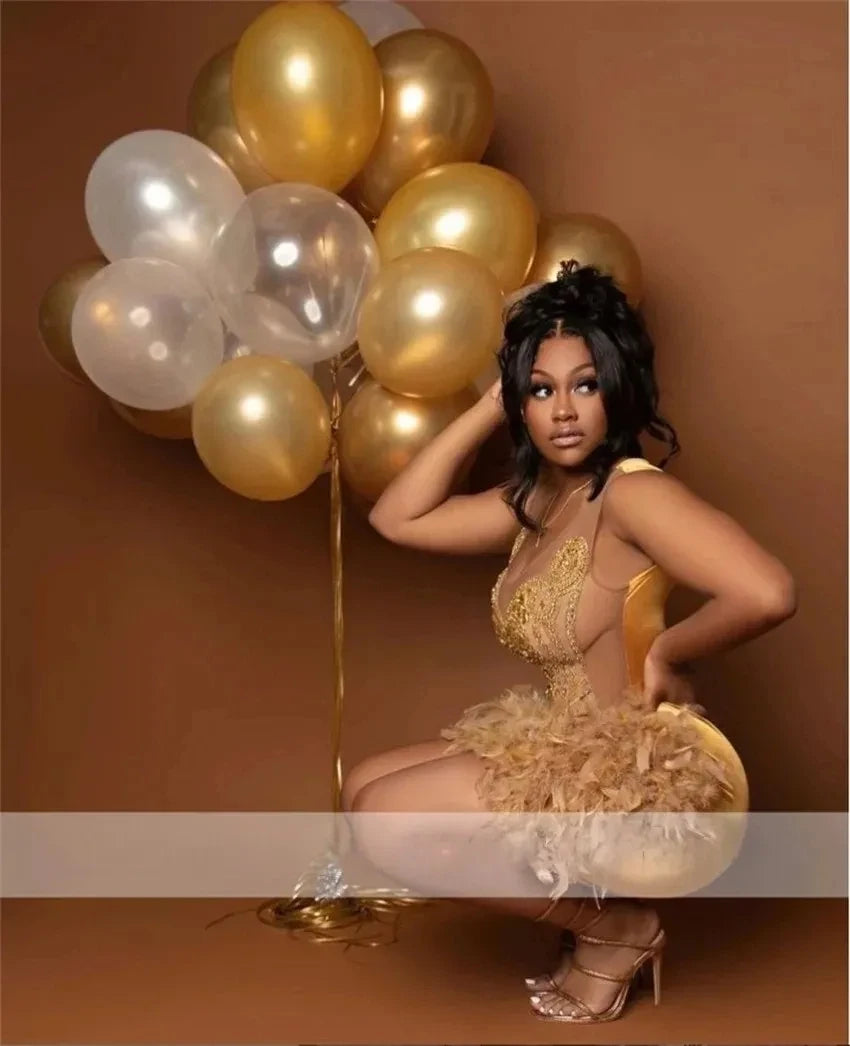Customized Luxury Mini Sparkling Gold Water Diamond Feather Ball Dress Sexy Backless Party Cocktail Party Special Occasion Dress