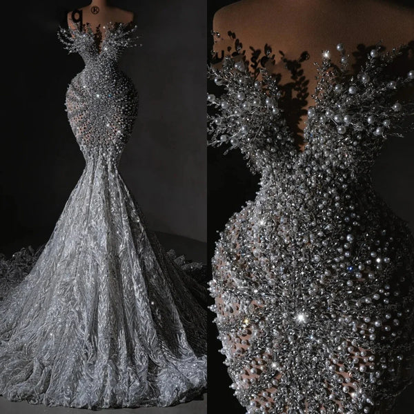 Gorgeous Beaded Mermaid Wedding Dresses Crystal Lace Pearls Bridal Gowns Sleeveless Floor Length Robe de mariée