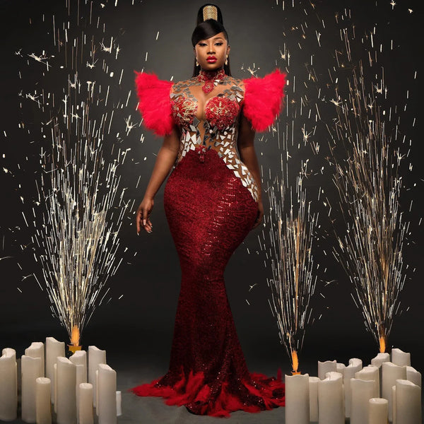 with Feathers High Neck Aso Ebi African Women Wedding Party Dress Plus Size Evening Gown  Unique Red Sequins Mermaid Prom Dresse