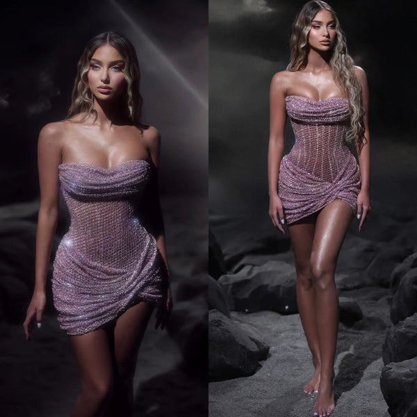 Glitter Sequined Lace Evening Dresses Customized Elegant Strapless Sleeveless Mini Skirt Prom Dress Ruched Above Knee Party Gown