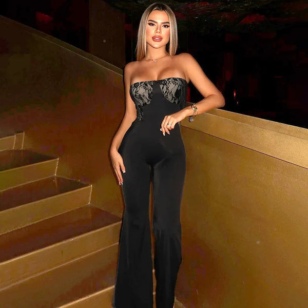 Women Elegant Sexy Lace Patchwork Flare Jumpsuits French Style Sleeveless Grommet Lace Up Backless Boot Cut One Piece Overalls