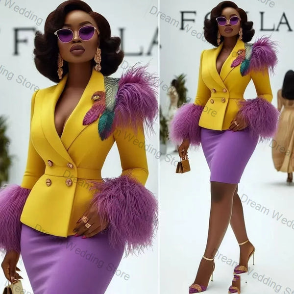 Feather Purple Yellow Women Suit Set 2 Pcs Blazer+Prom Dress Short Mini Formal Office Lady Jacket Customized Wedding Guest Coat