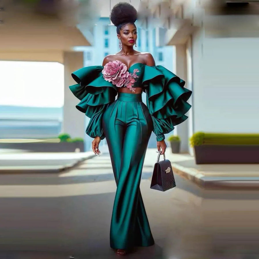 Two Pieces Evening Dresses With 3D Flowers Ruffles Off Shoulder Long Sleeves Aso Ebi Prom Dress Women Sets vestidos de fiesta