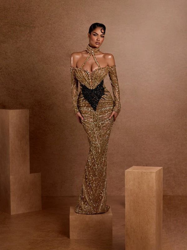 Golden Beaded Crystal Sheath Long Evening Dress Fashion Halter Off Shoulder Wedding Party Gown 2026 New Customized Prom Dresses