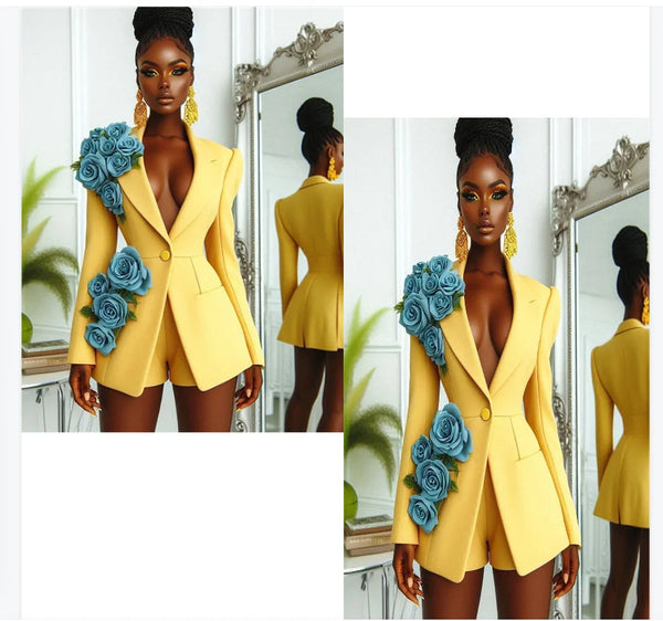 Blue Yellow Women Suit Set 2 Pcs Blazer+Short Pants Autumn 3D Flower Formal Office Lady Jacket Customized Wedding Tuxedos