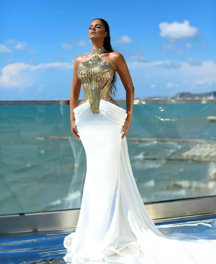 White Mermaid Evening Dresses Long Sleeveless Halter Elegant Wedding Party Custom Gowns Vestidos De Noche