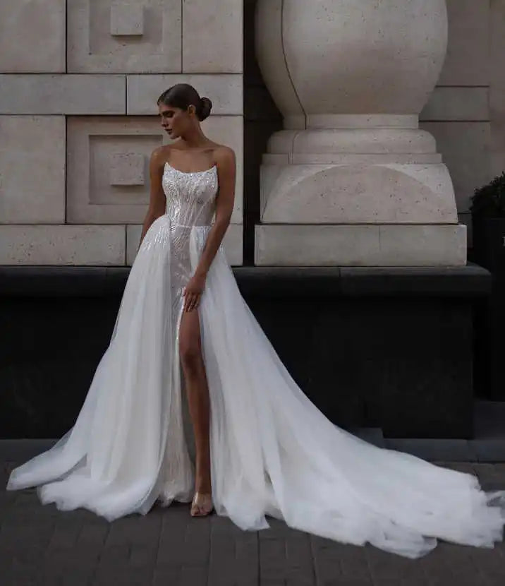 Mermaid Wedding Dress Wrap Strapless Sleeveless Sequins Bride Gowns Detachable Sweep Train Bridal Dresses Customized