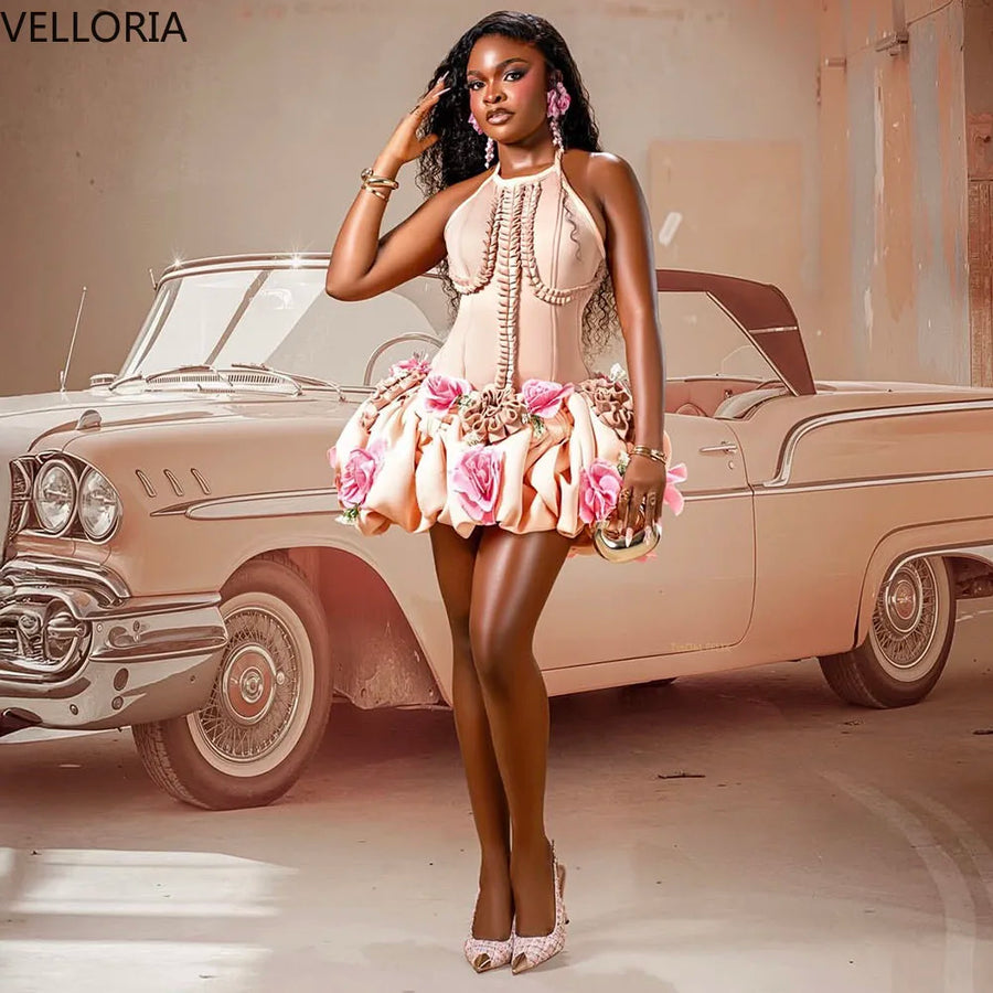 Sweet Short Cocktail Party Dress Sexy Mini 3D Flower Beaded Ball Dress Birthday African Black Girl Party Dress Customization