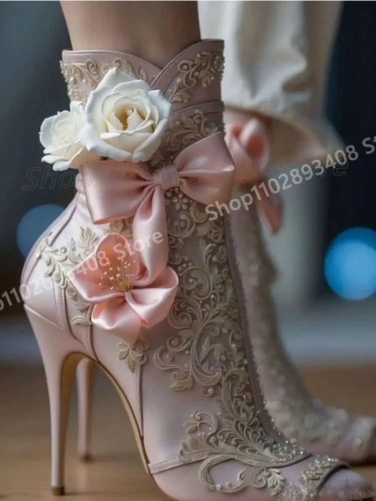 Pink Butterfly Knot Flower Decor Mid Calf Boots Pointy Stiletto High Heel Elegant Fashion Women Shoes 2025 Zapatos Para Mujere