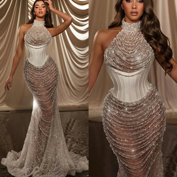 Sexy High Neck Wedding Dress Elegant Pearls Beading Lace Bridal Dress Illusion Floor Length Customized vestidos de novia