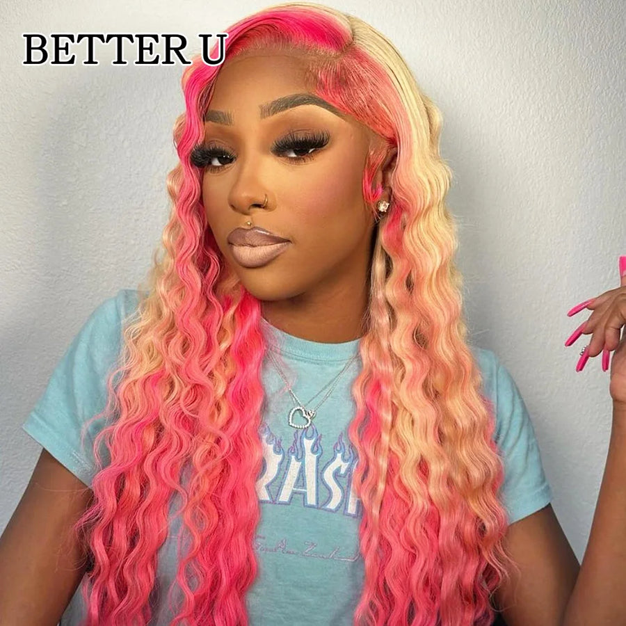 Pink Highlight 13x6 Lace Front Wig Pre Plucked Deep Wave Colored Human Hair Wigs Transparent Peruvian Remy Hair For Black Women