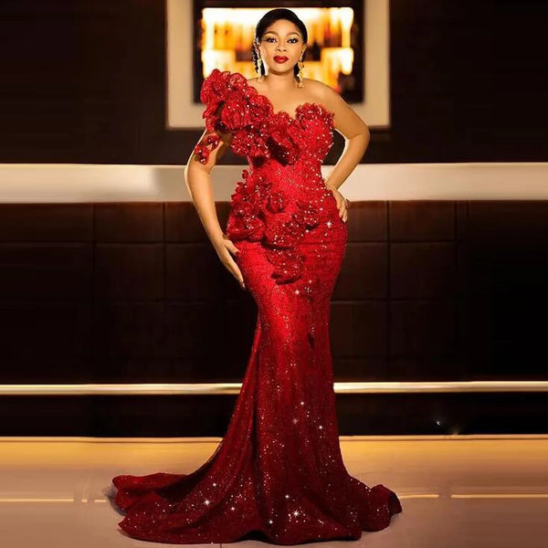 Aso Ebi Prom Dresses Illusion Sleeves Ruffles Flowers Beads Lace Mermaid Evening Dress Women Special Occasion Christmas Gowns