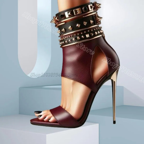 Crimson Rivet Decor Hollow Sandals Open Toe Stiletto Heels Fashion Summer Party Casual Women Sandals 2025 Zapatos Para Mujere