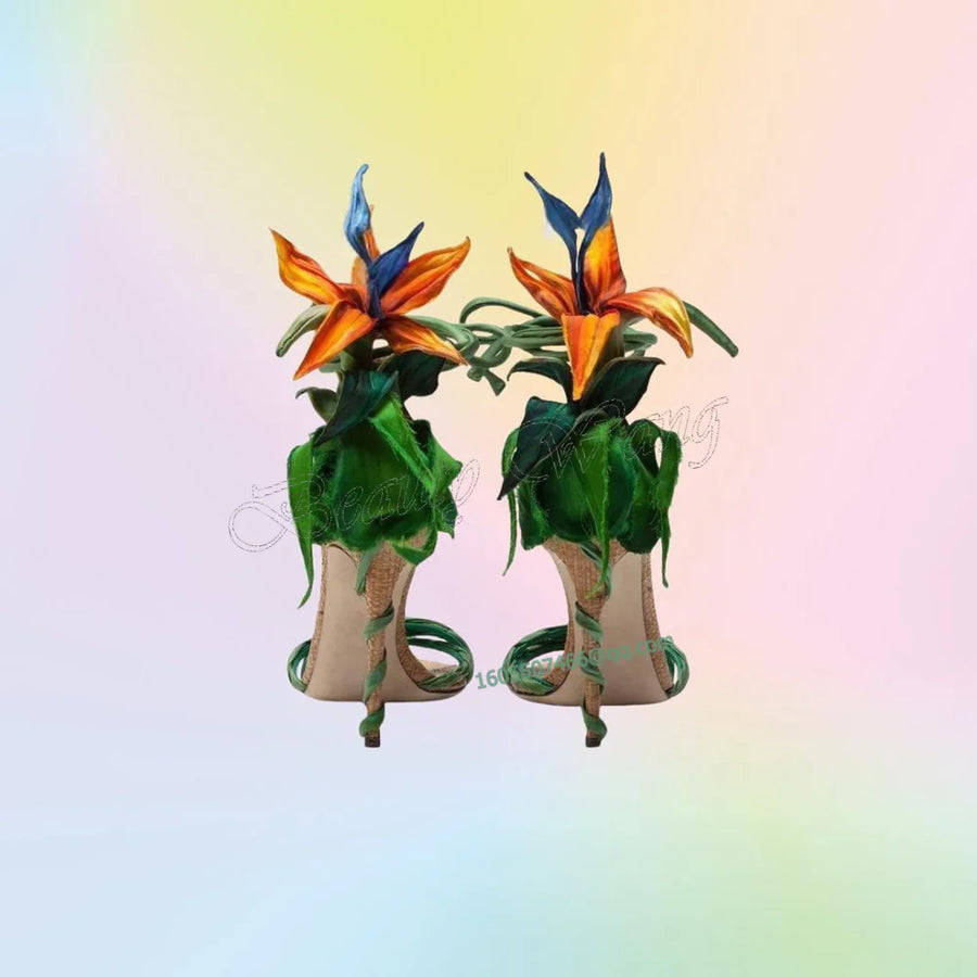 Green Front Cross Tied Sandals Back Flower Decor Mixed Color Heels Shoes Thin High Heel Shoes for Women 2025 Zapatos Para Mujere
