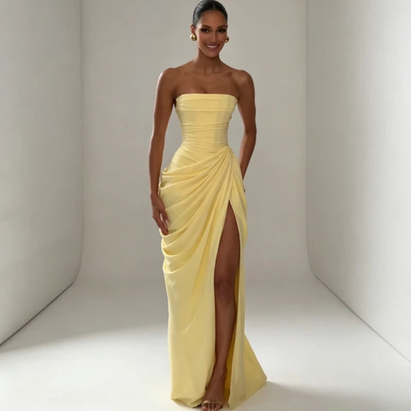 Elegant Sexy Solid Strapless Ruched Maxi Gown Backless Lace Up Cinched Waist High Slit Draped Bodycon Evening Dresses For Women