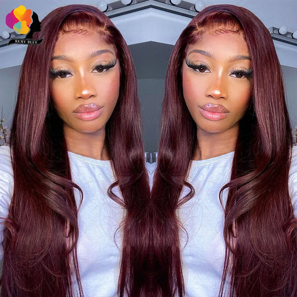 Peruvian Straight Hair 13X6 Lace Frontal Wig Human Hair Wigs 99J Dark Burgundy Pre-Plucked 180% Remy Human Hair Lace Front Wigs