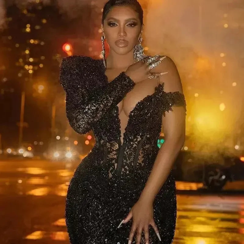Luxurious Shining Black Mermaid Ball Dress With Lace Sequins V-Neck Sexy Women's Plus Size Formal Occasion Dress